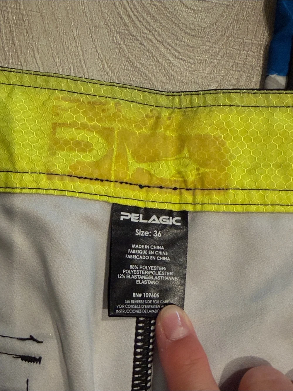 Pelagic Men’s Drawstring Swim Trunks- Size 36- Black/Neon and Patriotic